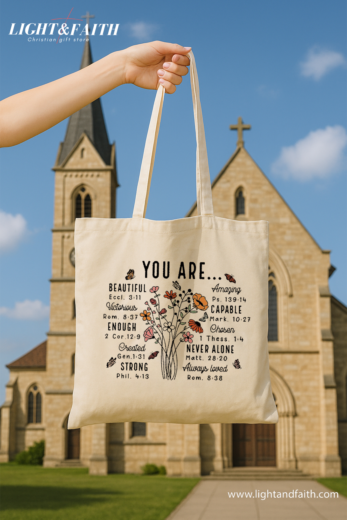 You Are Inspirational Tote Bag – Christian Canvas Tote – Bible Verse Floral Design – Faith-Based Gift for Women – Religious Gift – Christian Accessorie TBLAF10